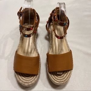 MARC FISHER VEJAN Brown Leather Studded Espadrilles Sandals 7.5